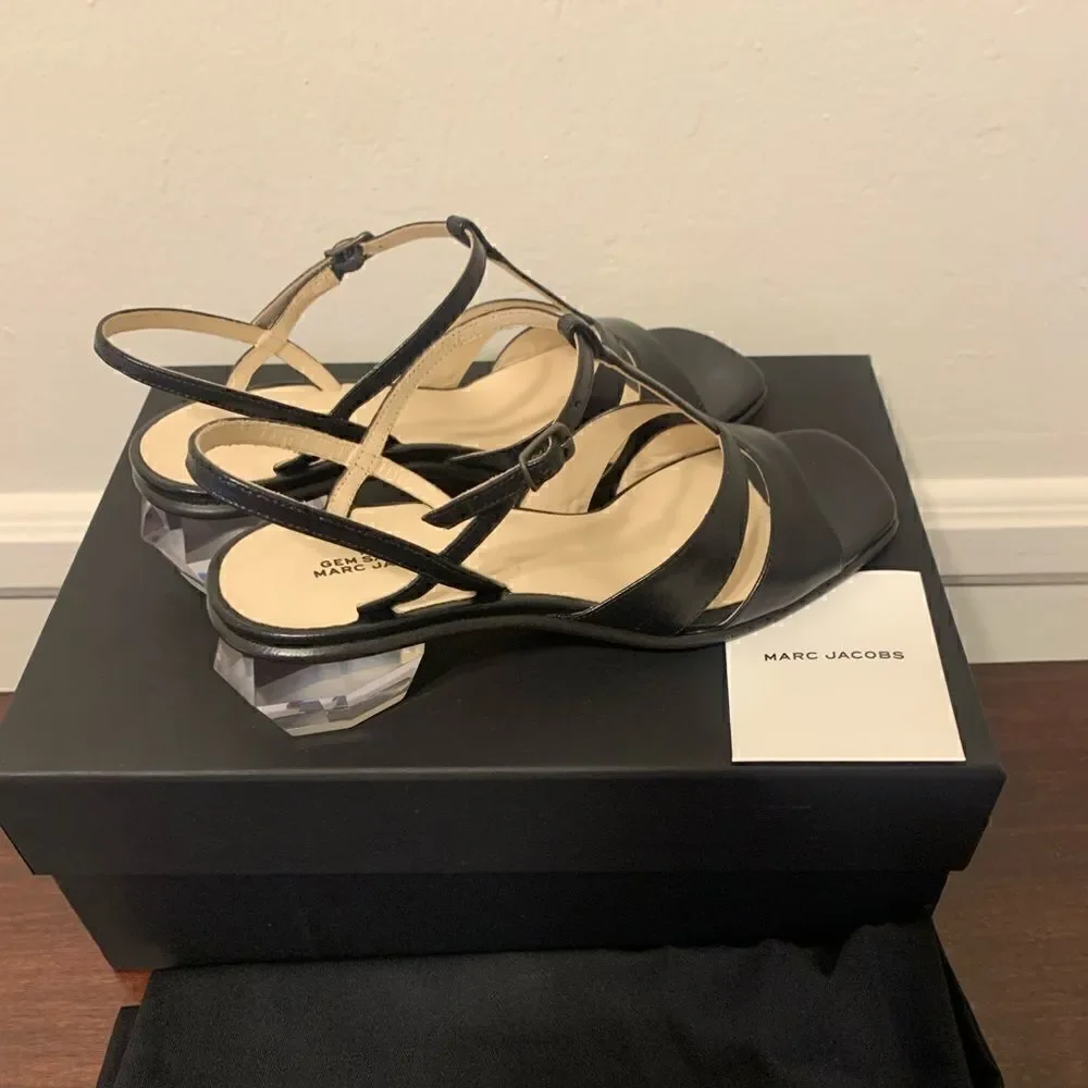 Marc Jacob Women’s heel T- stripe leather black sandal Sz  US6,5-7/ EU 37, NIB